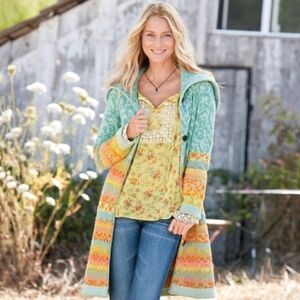 Sundance PM Lambswool Fair Isle Knit Cardigan Duster Shawl Collar Button Front